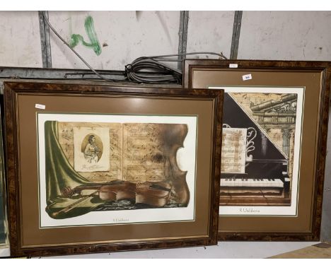 TWO WOODEN FRAMED, MUSIC THEMED, 'R. UNDABEYTIA' PRINTS 