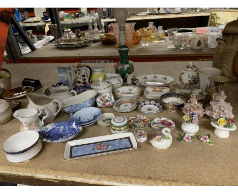 A NUMBER OF CERAMIC TRINKET DISHES, JUGS, FIGURES AND A LAMP BASE 