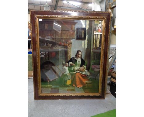 A LARGE PIETER DE HOOCH FRAMED MEDICI PRINT 1910 - 1916 OF A LADY PEELING APPLES. FRAME SIZE 46 X 38 INCHES 