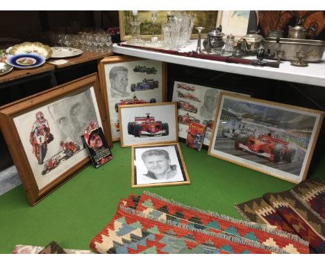 FIVE FRAMED PRINTS OF MICHAEL SCHUMACHER, TWO ARE SIGNED K W DAVIS AND ARE LIMITED EDITIONS PLUS A MICHAEL SCHUMACHER BOOK AN