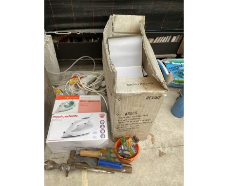 AN ASSORTMENT OF ITEMS TO INCLUDE IRONS, AND TOOLS ETC 