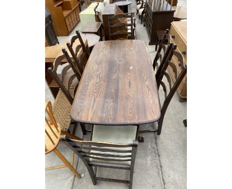 AN ERCOL BLUE LABEL REFECTORY STYLE DINING TABLE, 60 X 30" AND SIX LADDERBACK DINING CHAIRS 