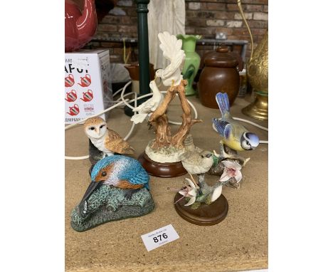 FIVE CERAMIC AND RESIN MODELS OF GARDEN BIRDS ON WOODEN PLINTHS 