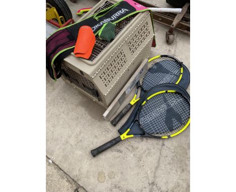 A PET CAGE, TWO TENNIS RACKETS, A HOCKEY STICK WITH ACCESSORIES AND A PICTURE SHELF 