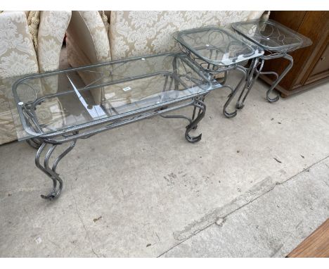 A METAL FRAMED COFFEE TABLE AND TWO LAMP TABLES WITH GLASS TOPS 