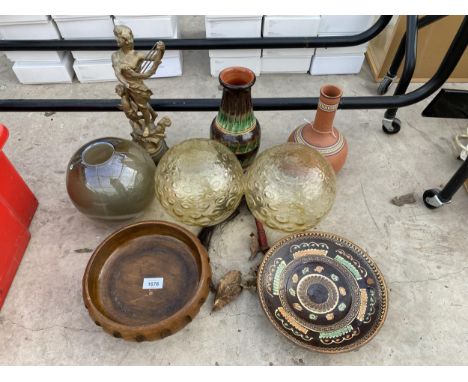 AN ASSORTMENT OF ITEMS TO INCLUDE CERAMIC VASES, GLASS SHADES AND A TREEN BOWL ETC 