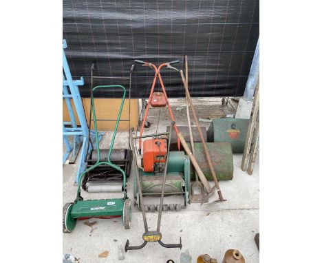 VARIOUS VINTAGE GARDEN TOOLS TO INCLUDE A QUALCAST MOWER, A SUFFOLK PUNCH MOWER AND PICK AXE ETC 
