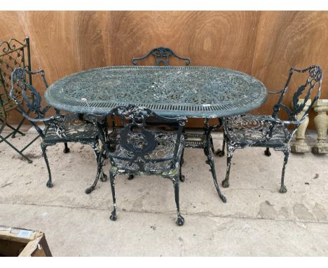 A VINTAGE CAST ALLOY GARDEN PATIO SET COMPRISING OF OBLONG TABLE AND FOUR CHAIRS 