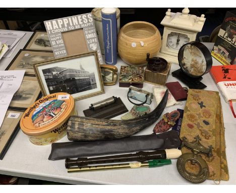 A LARGE COLLECTION OF VINTAGE ITEMS TO INCLUDE A BELL PULL, HORN, RECORDER, CLOCKS, FRAMES ETC 