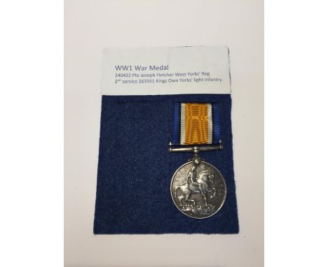 A WWI WAR MEDAL AS PRESENTED TO PRIVATE JOSEPH FLETCHER FROM WEST YORKS' REG KINGS OWN YORKS' LIGHT INFANTRY 