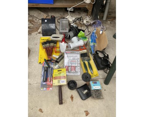 AN ASSORTMENT OF TOOLS TO INCLUDE BRUSHES, PIPE FITTINGS AND NAILS ETC 