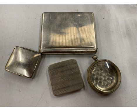 FOUR WHITE METAL PIECES TO INCLUDE A POCKET WATCH CASE, CIGARETTE CASE, PILL BOX AND A LADIES COMPACT. 