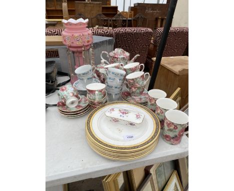 AN ASSORTMENT OF CERAMIC ITEMS TO INCLUDE WEDGWOOD PLATES, A COALPORT TRINKET BOX AND STAFFORDSHIRE TEA SERVICE ETC 