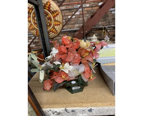 A MARBLE STYLE ORNAMENTAL PLANTER WITH CERAMIC/GLASS FLOWERS, HEIGHT 26CM 