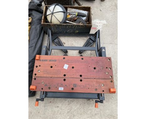 A FOLDING BLACK AND DECKER WORK BENCH, AND AN ASSORTMENT OF HAND TOOLS ETC 