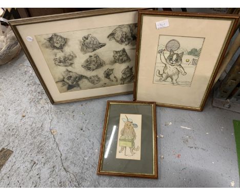 A FRAMED CAT PRINT PLUS TWO LOUIS WAIN CAT PRINTS 