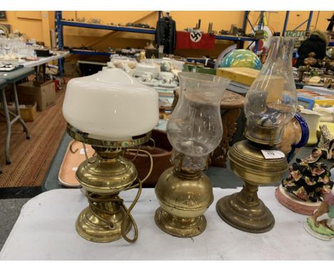 THREE BRASS BASED LAMPS WITH GLASS SHADES AND A CEILING LIGHT 