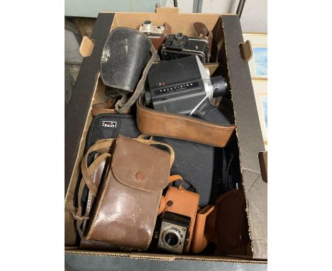 A COLLECTION OF CAMERAS ETC TO INCLUDE A CASED VICTOR, KODAK BROWNIE MOVIE CAMERA, POLAROID POLAVISION LAND CAMERACORONET ANS