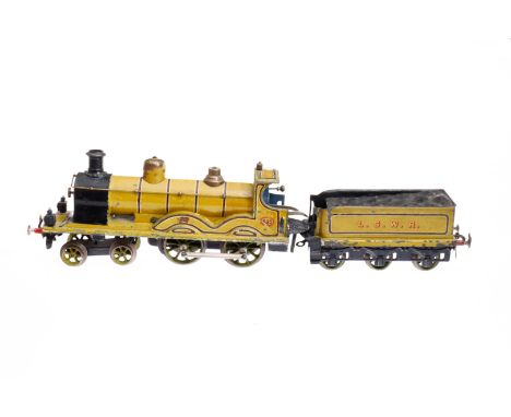 Bing engl. 2-B Dampflok 595 LSWR, Spur 1, uralt, Uhrwerk intakt, HL, mit Tender, 2 imit. Stirnlampen (ersetzt), Bremse, v+r, 