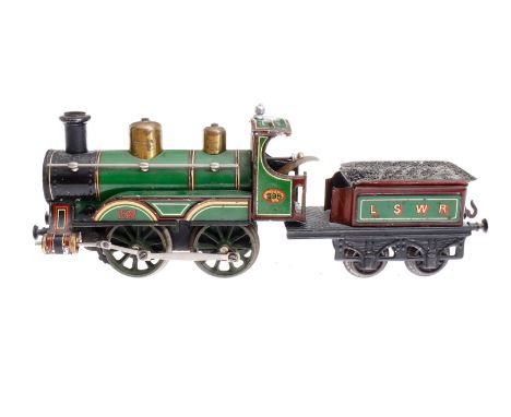 Bing engl. B-Dampflok 595 LSWR, Spur 1, uralt, Uhrwerk intakt, grün/schwarz/braun, mit Tender, Bremse und v+r, vorderer Schwa