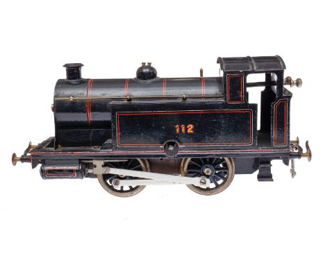 Bing B-Dampflok 112, Spur 1, Uhrwerk intakt, schwarz, mit Bremse und v+r, vordere Pufferbole nachlackiert, LS tw ausgeb., Alt