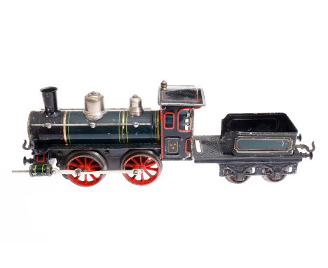 Bing B-Dampflok, Spur 1, uralt, Uhrwerk intakt, grün/schwarz, HL, mit falschem Tender (CL), 2 imit. Stirnlampen, Bremse und v