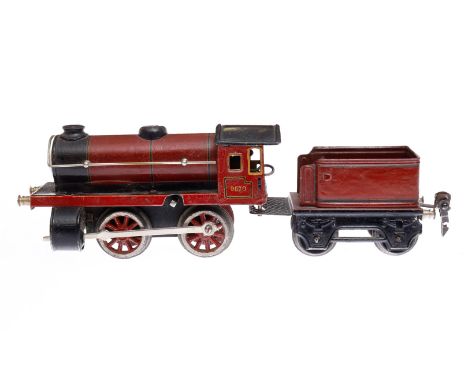 Märklin B-Dampflok 967, Spur 0, Uhrwerk intakt, rot/schwarz, mit Tender, Bremse und v+r, Tender meist rest., LS und gealterte