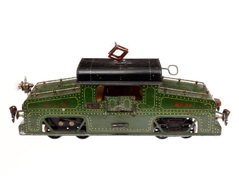 Märklin engl. Vollbahnlok ”CLR 23” CL 3021, Spur 1, uralt, Starkstrom, grün, HL, mit 1 el. bel. Stirnlampe, Pantograph am Dac