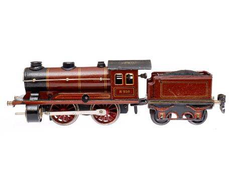 Märklin B-Dampflok R 950, Spur 0, braun/schwarz, mit Tender, Uhrwerk def., LS tw ausgeb., gealterter Lack, Z 3