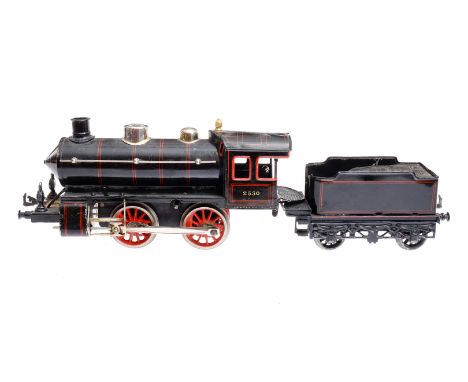 Bing B-Dampflok 2530, Spur 1, Uhrwerk intakt, schwarz, mit Tender, 2 imit. Stirnlampen, Bremse und v+r, LS tw ausgeb., Alteru