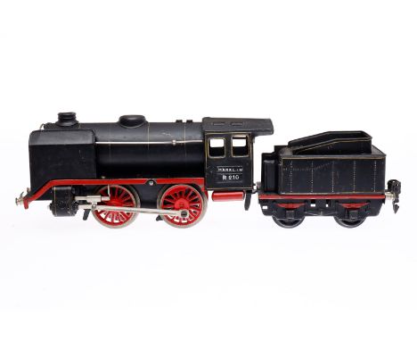 Märklin B-Dampflok R 910, Spur 0, Uhrwerk intakt, schwarz, mit Tender, tw rest., LS und gealterter Lack, Z 3