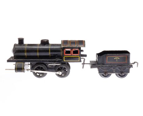 Kraus/Fandor B-Dampflok, Spur 0, Uhrwerk intakt, schwarz, mit Tender, Bremse und v+r, LS und Alterungsspuren, Z 3