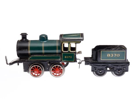 Bing B-Dampflok 8370, Spur 0, Uhrwerk intakt, grün/schwarz, mit Tender, Bremse und v+r, LS und Alterungsspuren, Z 3