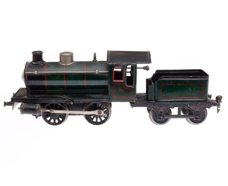 Märklin B-Dampflok R 981, Spur 1, Uhrwerk intakt, dunkelgrün/schwarz, mit Tender, Kleinteile tw NV, LS und gealterter Lack, Z