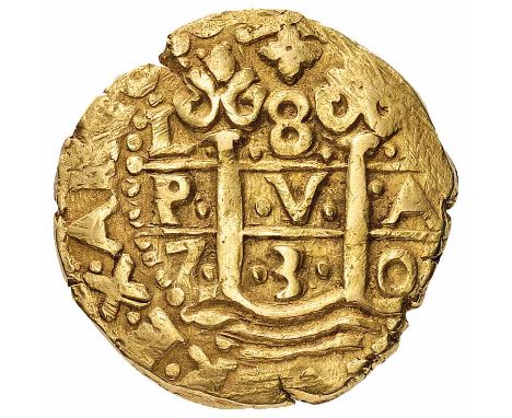 Filippo V di Spagna (1701-1746) - 8 Escudos 1730 - Zecca: Lima - Diritto: le colonne d’Ercole emergono da onde marine, sormon