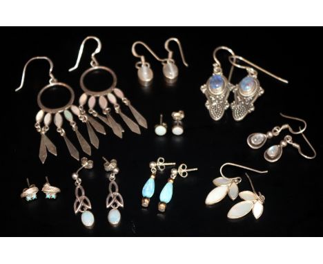 9 Pairs Of Silver Earrings To Include Opal, Mother Of Pearl, Turquoise Etc.