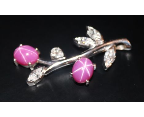 18ct White Gold Diamond And Ruby Pendant, Stylised Floral Branch Set With Two Large Cabochon Star Rubies, Four Marquise And O