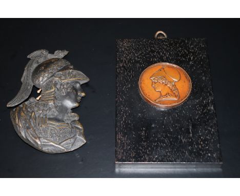 Antique Bronze Grand Tour Wall Portrait Miniature Of A Roman Caesar, 4.5x3 Inches Together With Another Bronze Medallion On W