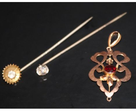 Edwardian 9ct Gold Garnet Pendant, Stamped 9ct Gold S Bros To Reverse, 3 cm Excluding Bale Together With 2 Stick Pins 