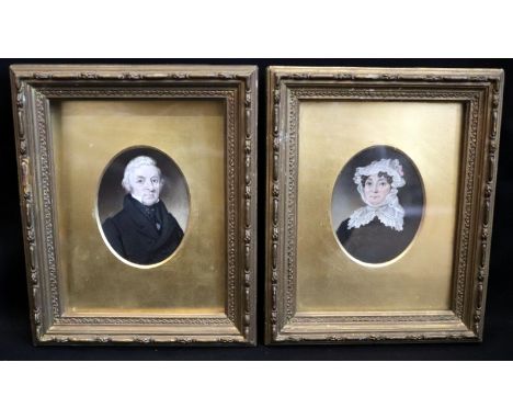 Pair Of Early 19thC Fine Quality Portrait Miniatures On Ivory Of An Elegant Couple In Gilt Frames, Overall Size 7x5.5 Inches