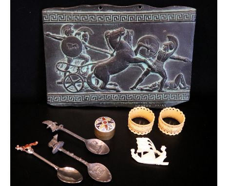 Small Mixed Lot Of Collectables Comprising A Greek Decorative Plaque, 2 Bone Napkin Rings, An Enamel Lidded Thai Pot, 3 Anima
