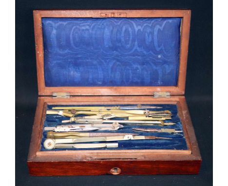 Early 20th Century Boxed Draughtsman Set, Mahogany Case With Silk Lined Interior Fitted With Numerous Tools