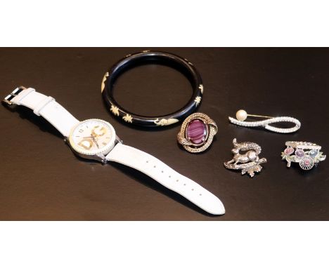 Small Mixed Lot Comprising An Ebony/Ivory Elephant Design Bangle, 4 Brooches (Inc Ciro & Miracle) And A Fashion Watch 