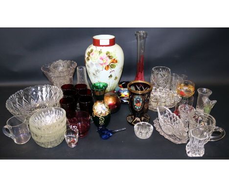 Collection Of Glass, To Include Clear Pressed Glass Vase And Bowls, Coloured Glass vase, Wine Glasses, Victorian Painted Vase