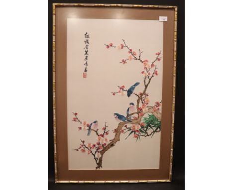 Chinese Tientsin Silk Embroidery, Depicting Finches In Cherry Blossom, Artist Signed With Seal, Framed And Glazed. 34 x 23 In