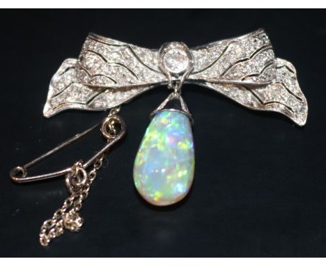 Antique Platinum & 18ct Diamond And Opal Brooch, Formed As A Bow With Larger Central Diamond Between Numerous Smaller Diamond