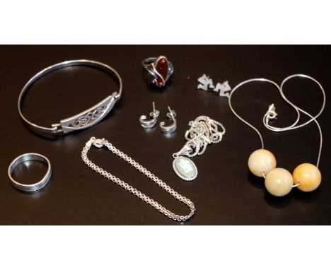 Small Mixed Silver Lot Comprising 2 Pairs Of Earrings, Wedgwood Necklace, Italian Silver Bracelet, Celtic Bangle, Amber Ring,