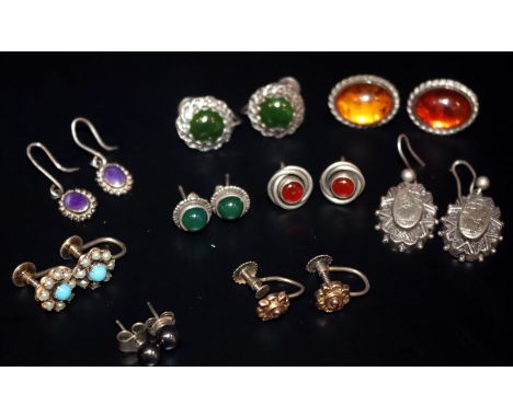 9 Pairs Of Vintage Silver Earrings, To Include Amber, Turquoise, Jadeite Etc.