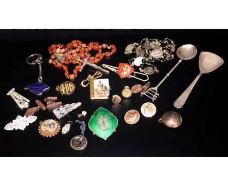 Mixed Lot To Include Rosary Beads, Silver Spoons, Silver Sweetheart Brooch Front, Siam Sterling Silver Enamel Brooch, Coin Je