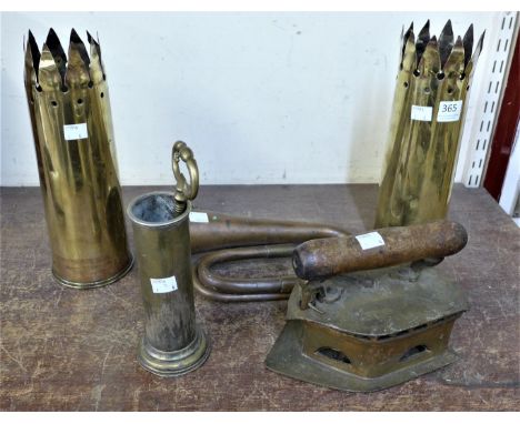 A Victorian brass iron, a hunting horn, a pair of trench art vases, etc.